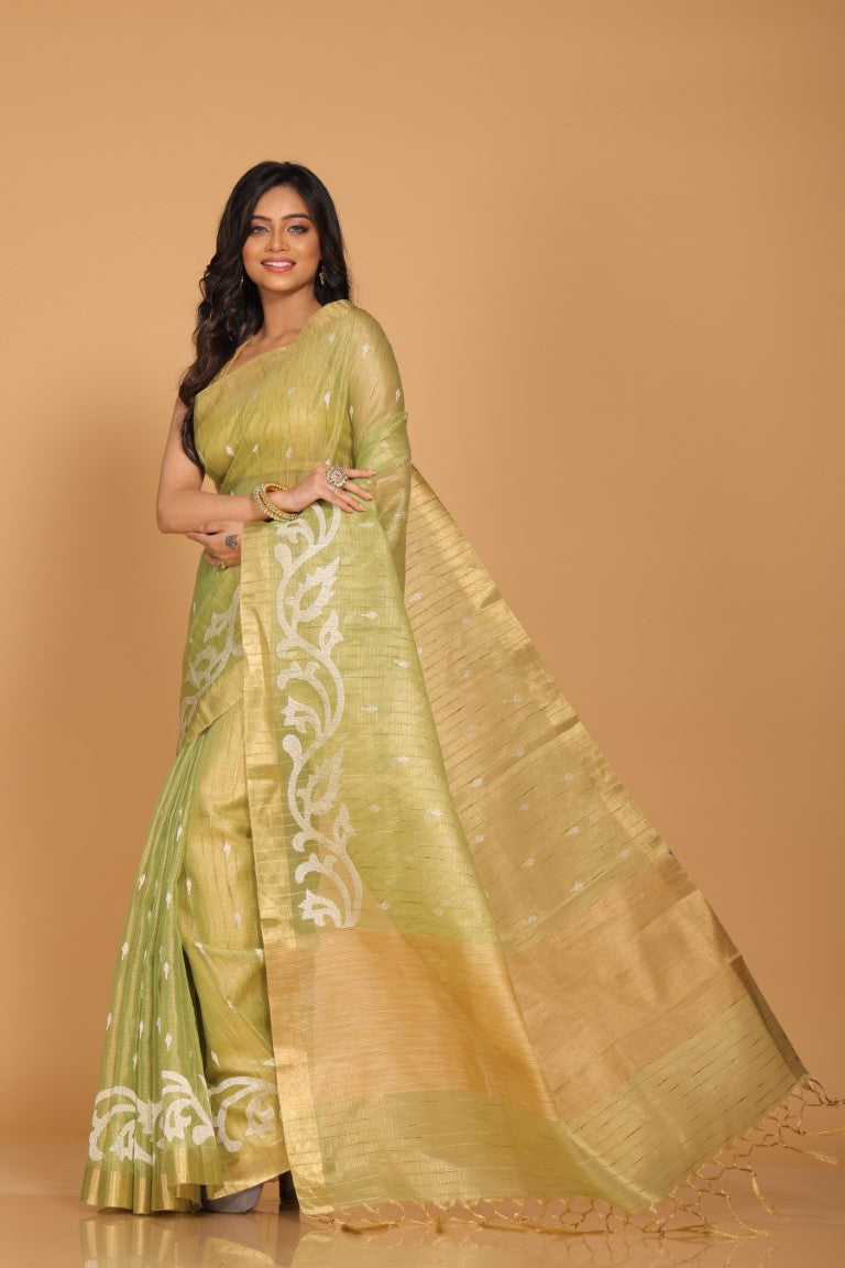 Morchari Kota Zari Stripe Embroidery Saree - Green
