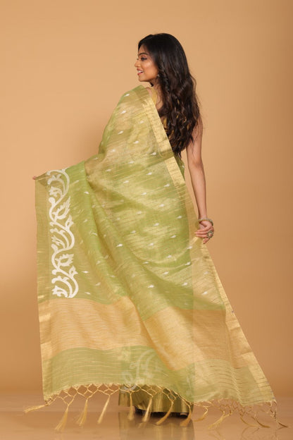 Morchari Kota Zari Stripe Embroidery Saree - Green