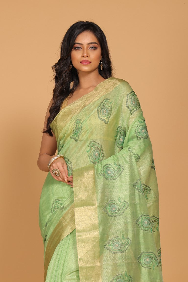 Morchari Kota Tissue Zari Embroidery Saree - Green