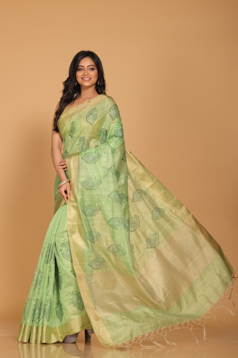 Morchari Kota Tissue Zari Embroidery Saree - Green