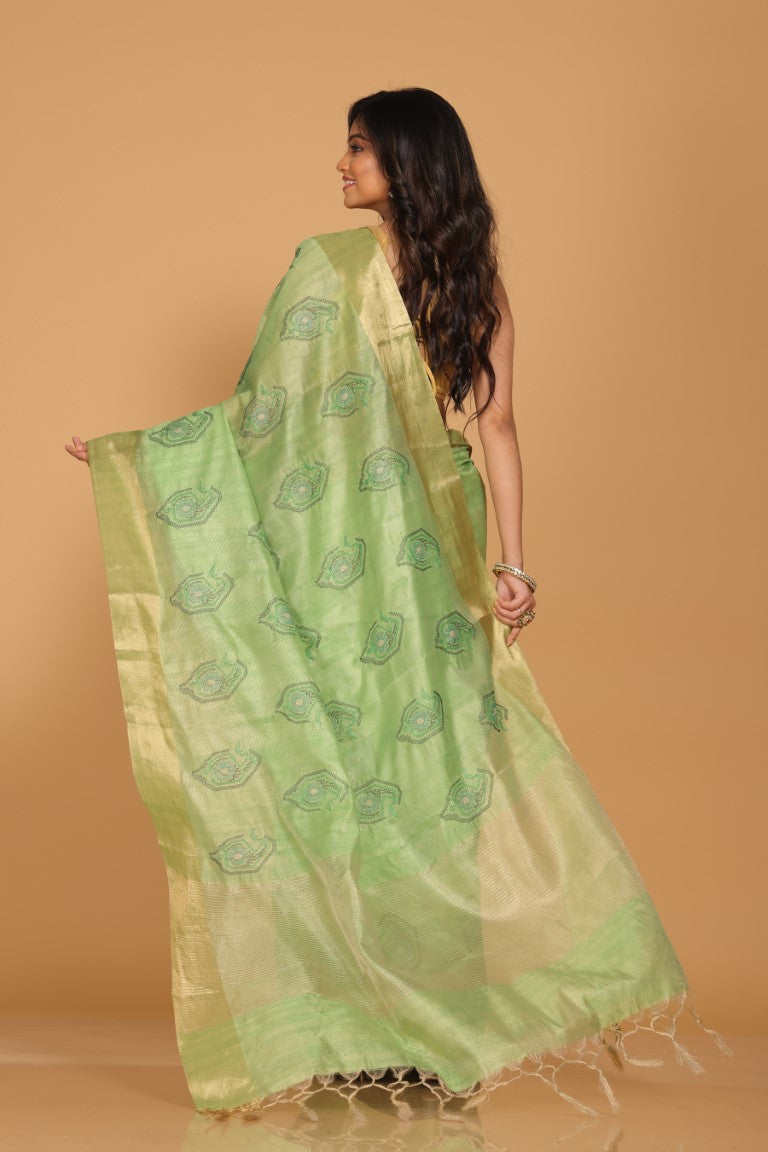 Morchari Kota Tissue Zari Embroidery Saree - Green