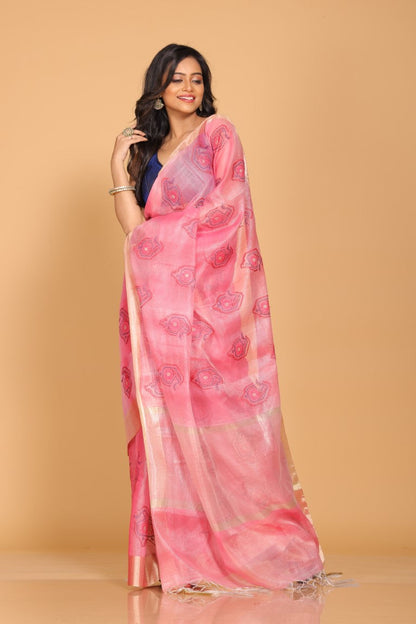 Morchari Kota Tissue Zari Embroidery Saree - Pink