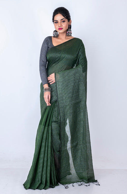 Morchari Bengal Handloom Cotton Zari Check Saree - Green
