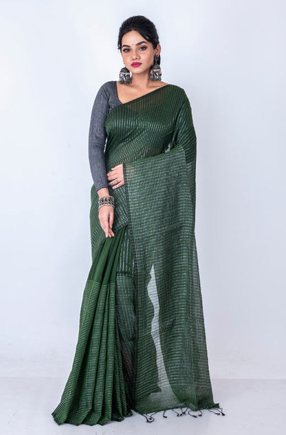Morchari Bengal Handloom Cotton Zari Check Saree - Green