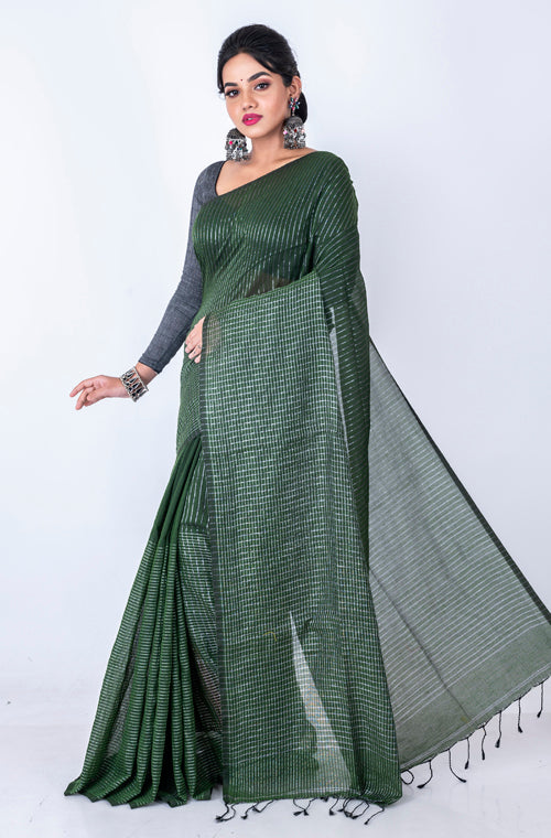 Morchari Bengal Handloom Cotton Zari Check Saree - Green