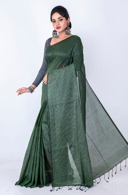 Morchari Bengal Handloom Cotton Zari Check Saree - Green