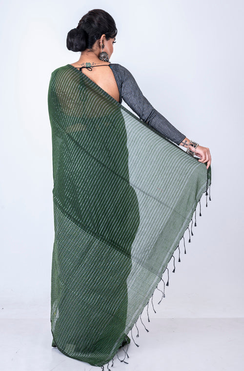 Morchari Bengal Handloom Cotton Zari Check Saree - Green