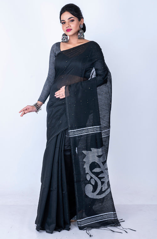 Morchari Bengal Handloom Cotton Zari Saree - Black