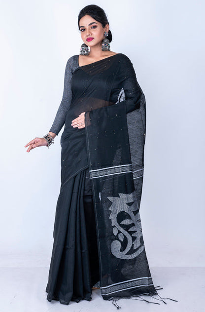 Morchari Bengal Handloom Cotton Zari Saree - Black