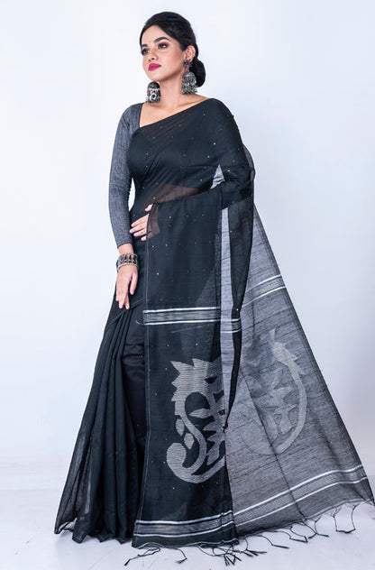Morchari Bengal Handloom Cotton Zari Saree - Black
