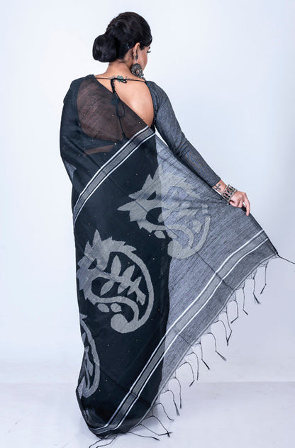 Morchari Bengal Handloom Cotton Zari Saree - Black