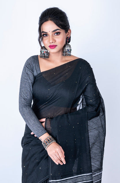 Morchari Bengal Handloom Cotton Zari Saree - Black