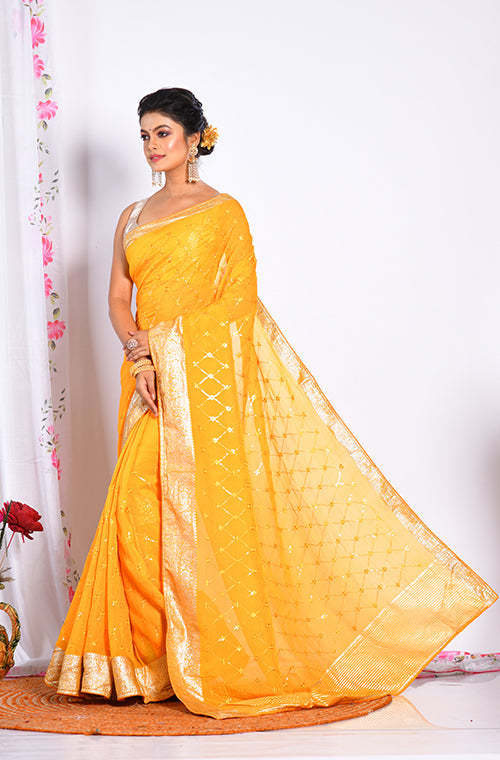 Morchari Heavy Embroidery Saree - Yellow