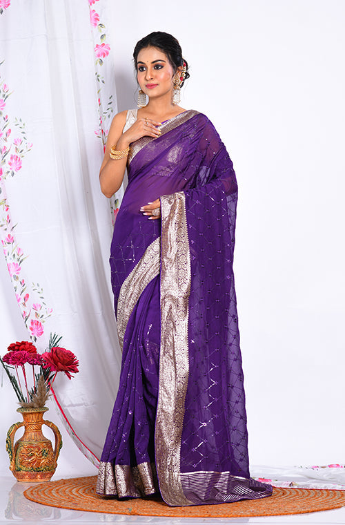 Morchari Heavy Embroidery Saree - Purple