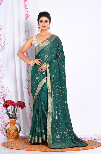 Morchari Heavy Embroidery Saree - Green
