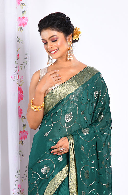 Morchari Heavy Embroidery Saree - Green