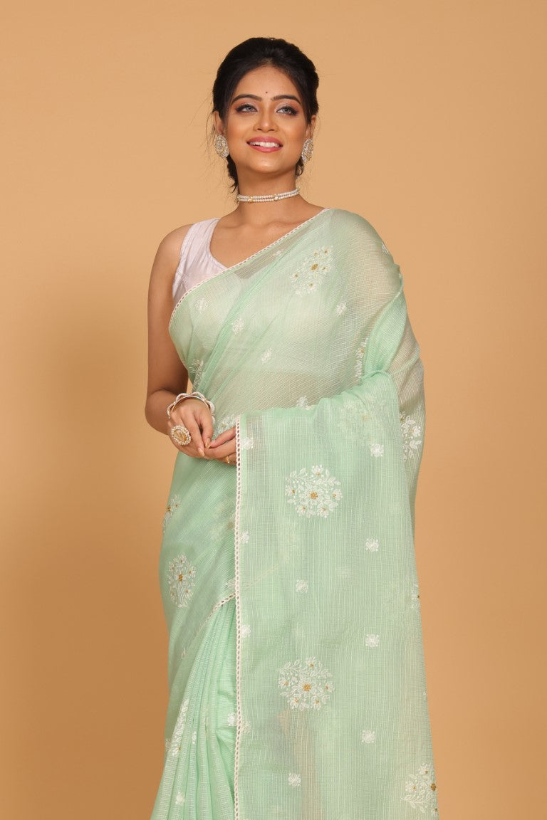 Morchari Kota Embroidery Saree - Lime Green