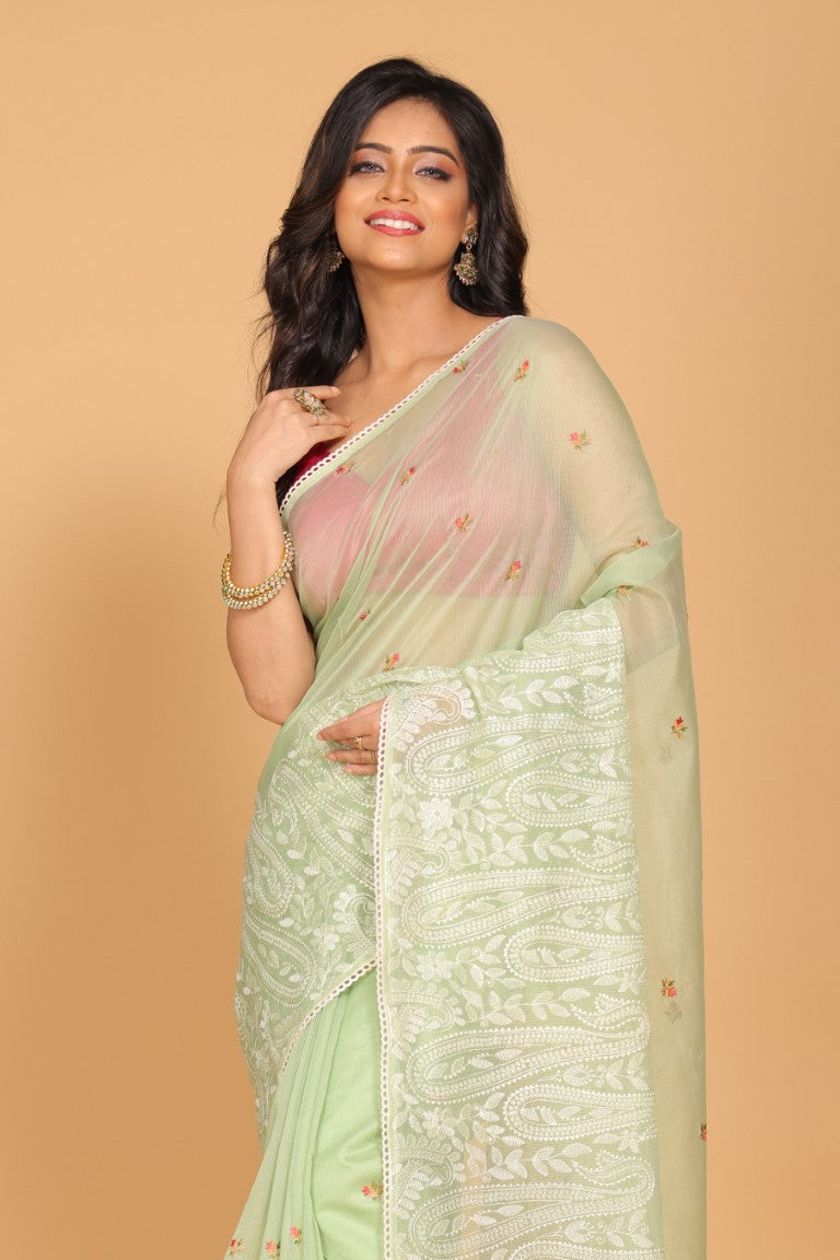 Morchari Supernet Cotton Embroidery Saree - Green