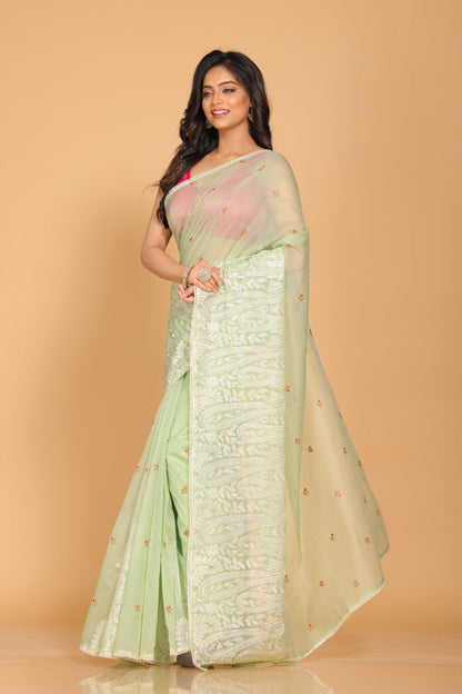 Morchari Supernet Cotton Embroidery Saree - Green