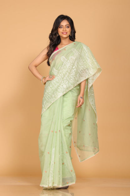 Morchari Supernet Cotton Embroidery Saree - Green