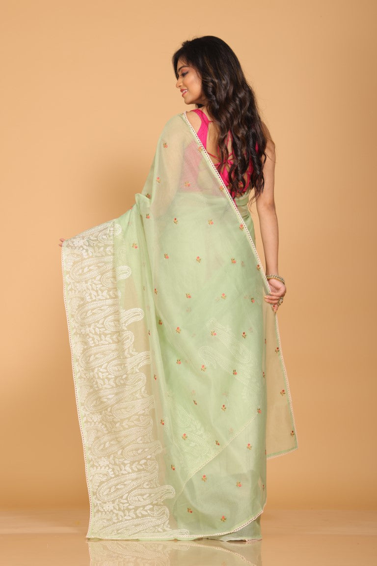 Morchari Supernet Cotton Embroidery Saree - Green