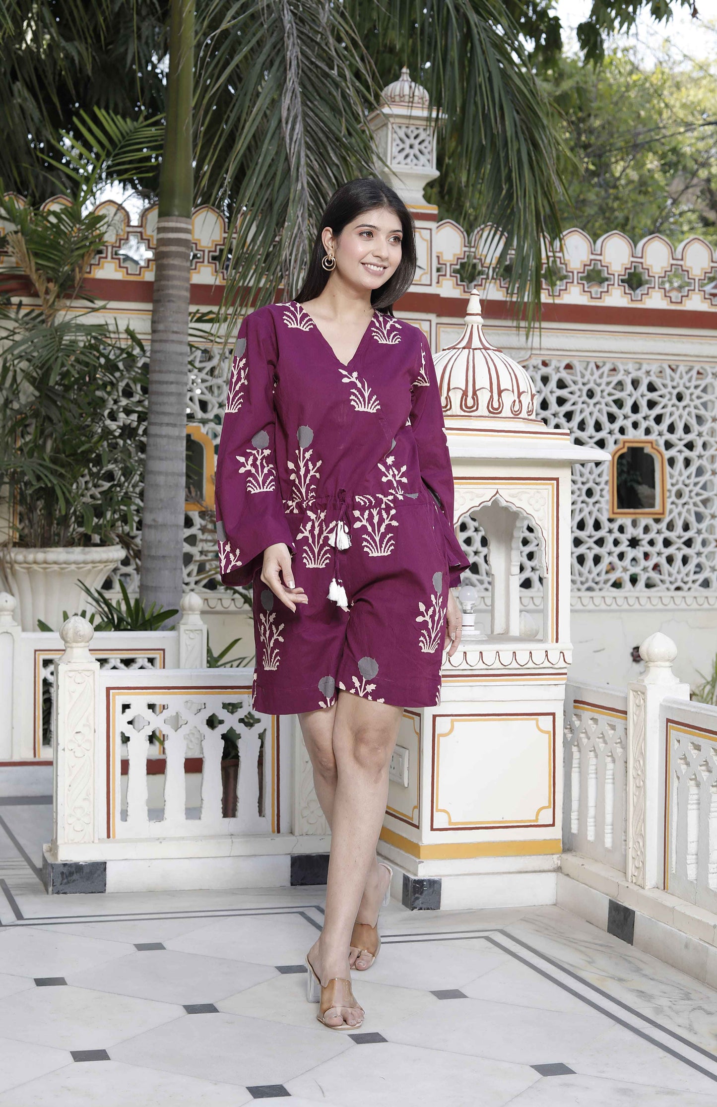 Miravan Women's Pure Cotton Wine Floral Printed Long Sleeves Waist Tie-Up Playsuit