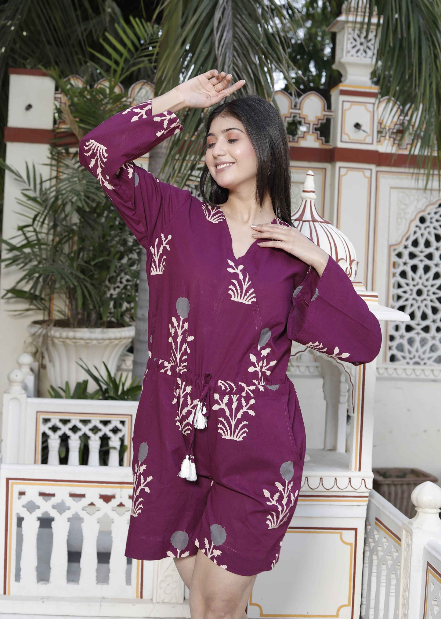Miravan Women's Pure Cotton Wine Floral Printed Long Sleeves Waist Tie-Up Playsuit