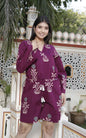 Miravan Women's Pure Cotton Wine Floral Printed Long Sleeves Waist Tie-Up Playsuit