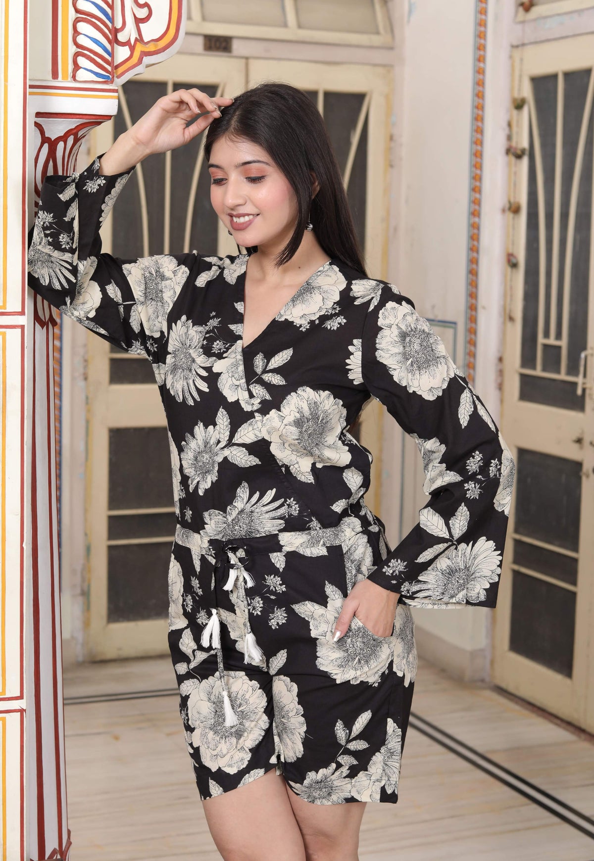 Miravan Women's Pure Cotton Black V Neck Tie-Ups Floral Printed Casual Jumpsuit