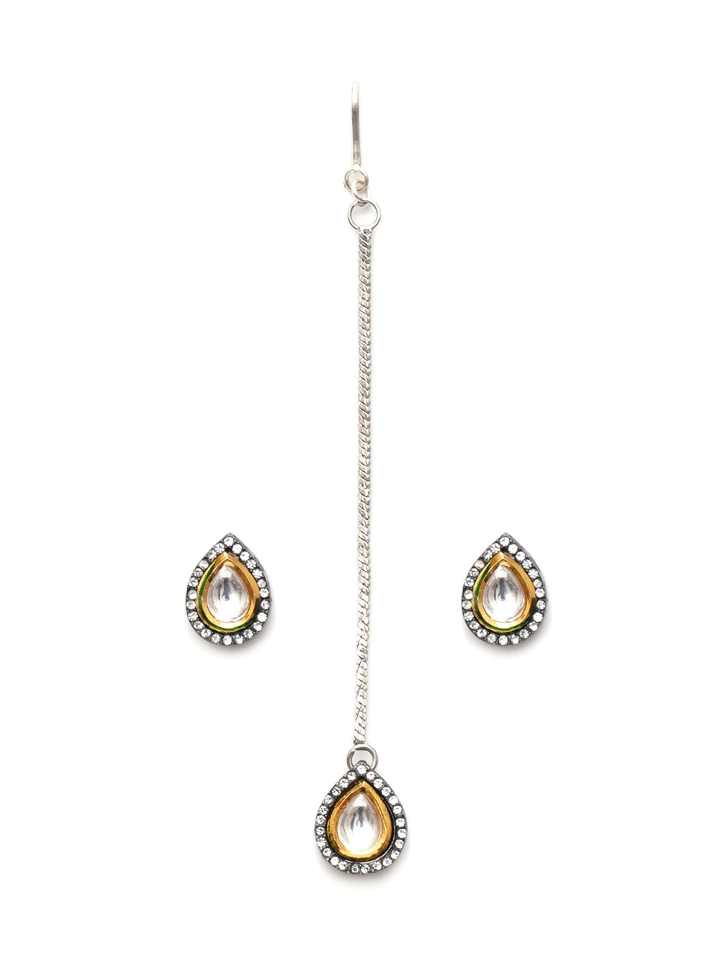 Dual Tone Kundan Maang Tikka with Earrings Jewellery Set (silver) - Ruby Raang