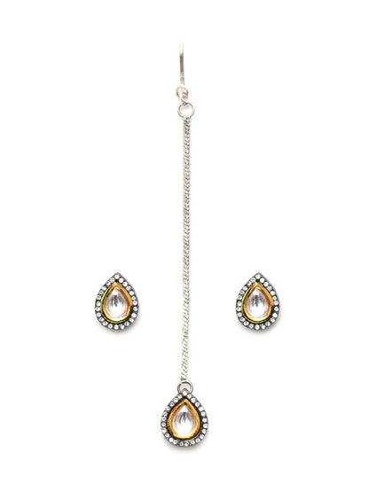 Dual Tone Kundan Maang Tikka with Earrings Jewellery Set (silver) - Ruby Raang