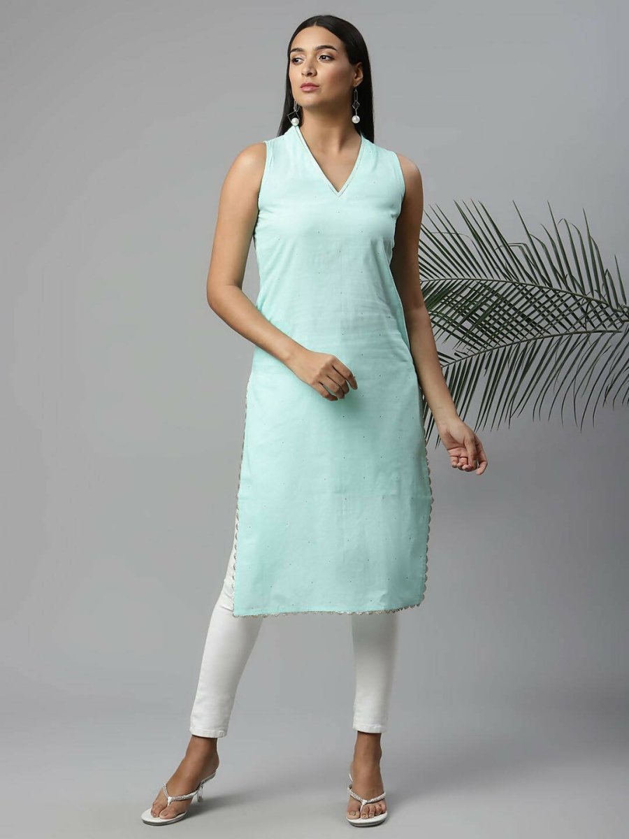 Ahalyaa Womens Summer Blue Pure Cotton Printed Kurtas