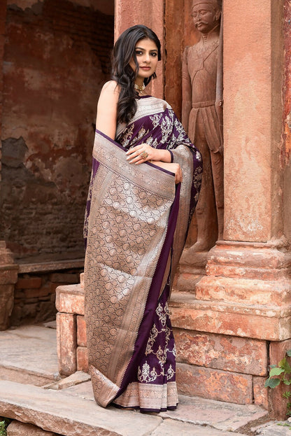 Joban Fashion Purple Pure Katan Pure Handloom Banarasi Silk Saree