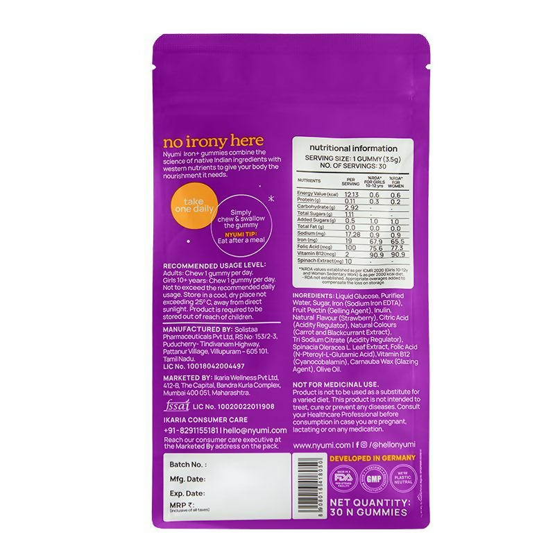 Nyumi IronGummies to Boost Energy & Reduce Fatigue - Zinc, Spinach Extract & Vitamin B12