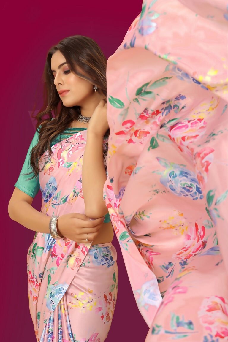 Aayaa Designer Printed Satin Saree - Multi Color