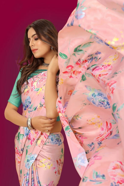 Aayaa Designer Printed Satin Saree - Multi Color