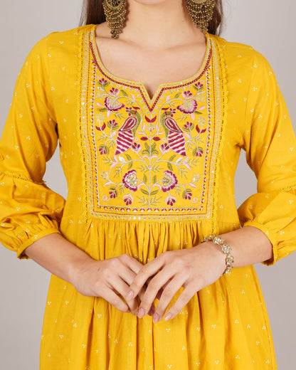 Jaitra Apparels Mustard Yellow Embroidered Pure Cotton Fabric Kurta Set With Dupatta
