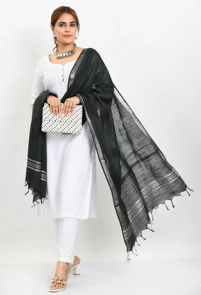 Mominos Fashion Moeza Women's Linen Cotton Silver Border Black Dupatta