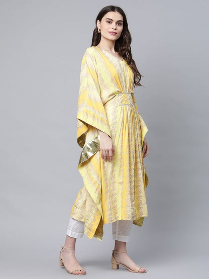 Ahalyaa Women Yellow Rayon Printed Flared Sleeve Kaftan Kurta