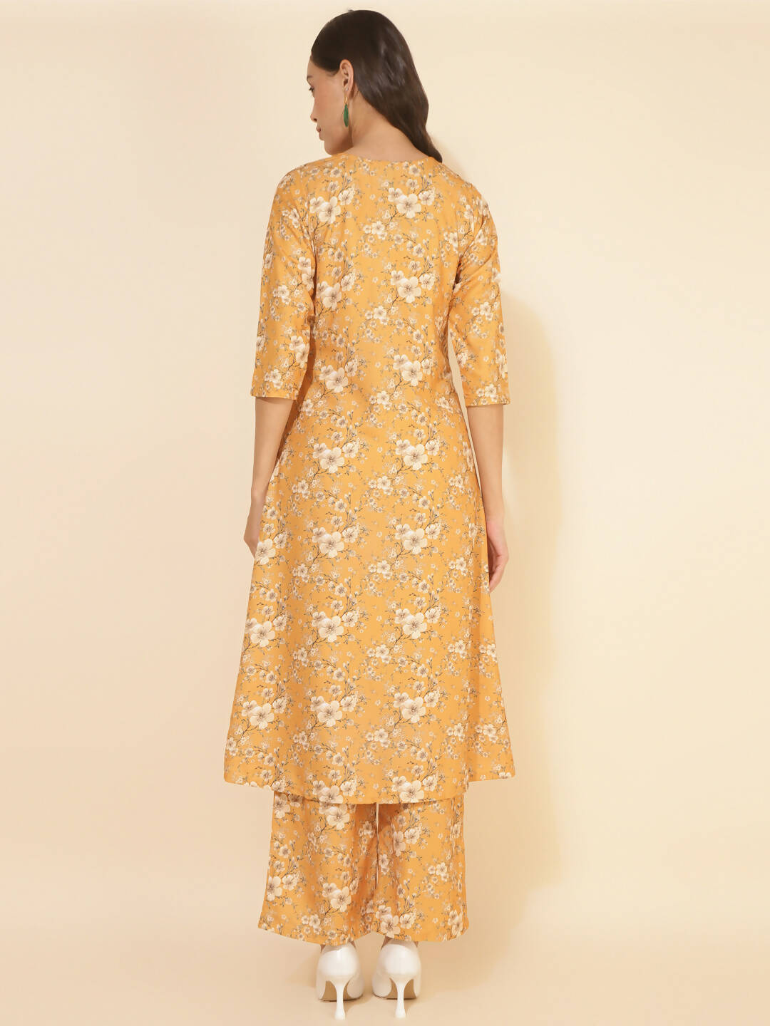 Janasya Women's Mustard Moss Floral Printed Casual Front Slit Co-ords