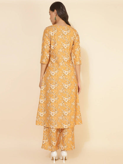 Janasya Women's Mustard Moss Floral Printed Casual Front Slit Co-ords