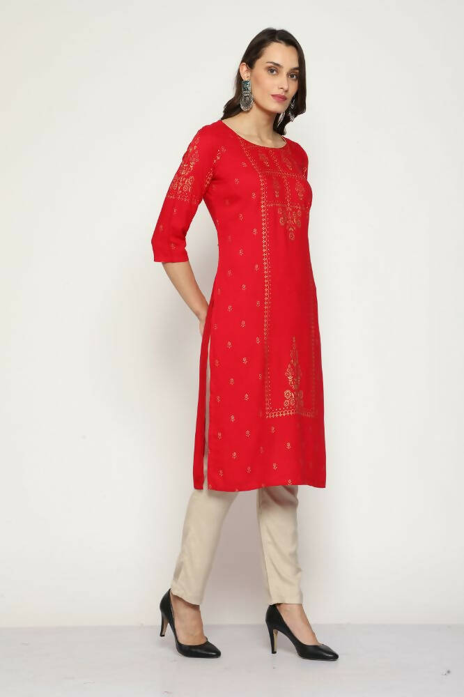 Maai Rayon Hand Printed Kurta Red