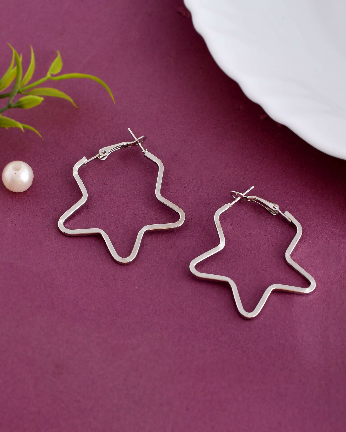 VOJ Women Sliver Tonned Star Shape Stainless Steel Hoop Earrings