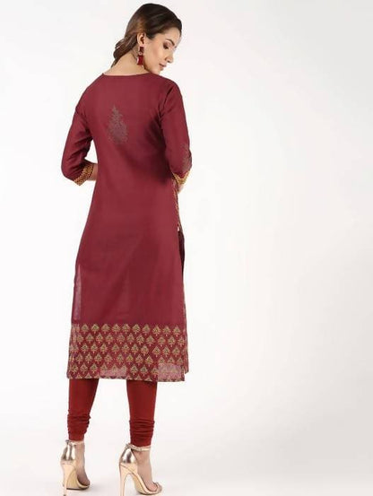 Aniyah Cotton Block Printed Maroon Straight Kurta (AN-141K)