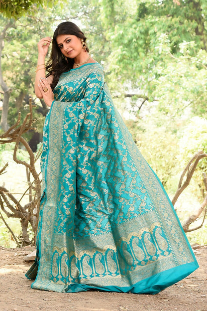 Joban Fashion Green Banarasi Soft Pure Handloom Banarasi Silk Saree