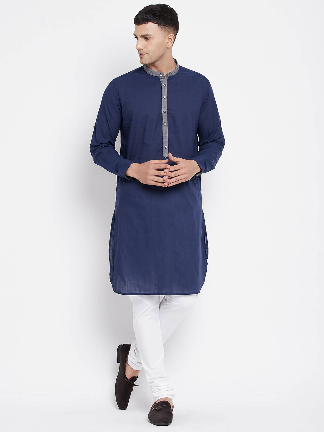 Even Apparels Blue Pure Cotton Men's Kurta With Contrast Collar And Placket
