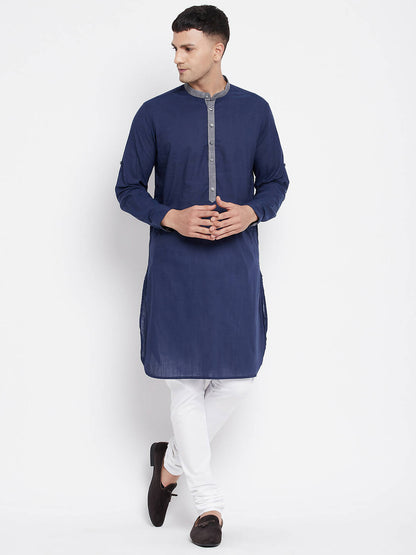 Even Apparels Blue Pure Cotton Men's Kurta With Contrast Collar And Placket