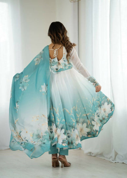 Teeya Creation Aquablue Color Soft organza Silk Digital Print Party Wear Gown