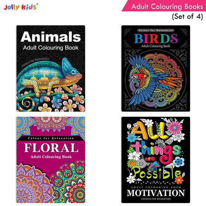 Jolly Kids Adult Colouring Books Set of 4|Adults Colouring Book: Stress Relieving Designs Floral, Animals, Birds & Motivational Quotes Colouring Books