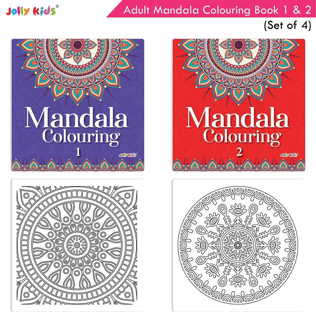 Jolly Kids Adults Mandala Colouring Books Set of 4| Ideal for Stree Relieving, Relaxing and Meditation Books for Teenagers